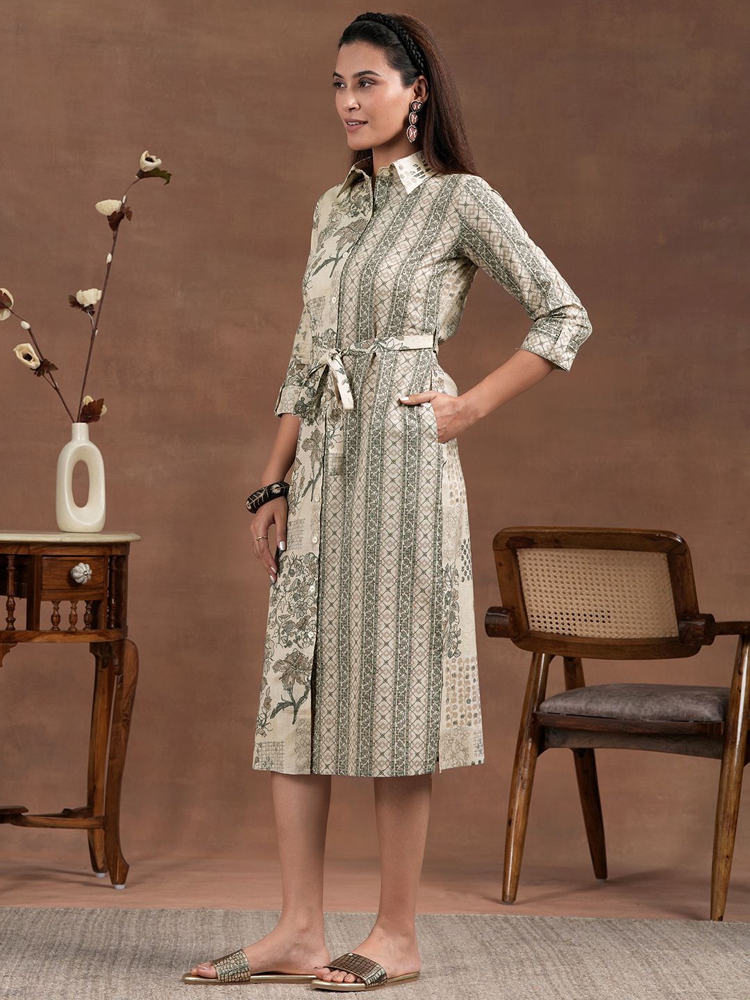 Libas Floral Printed Bell Straight Shirt Midi Dress With Waist Belt