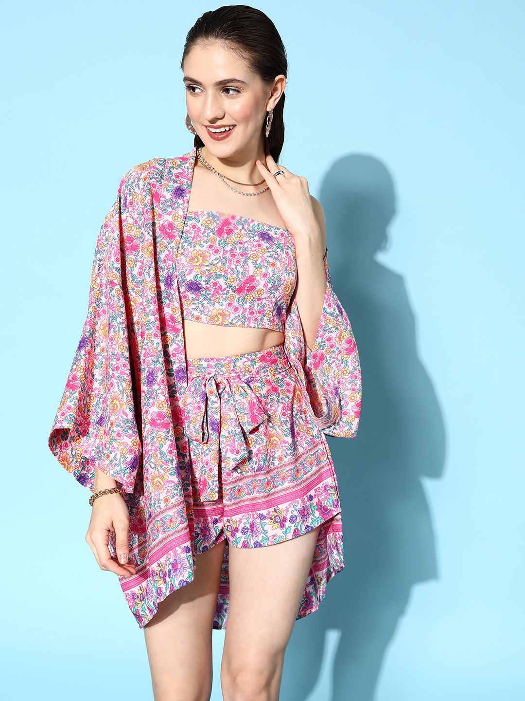 Berrylush Pink 3-Piece Printed Top with Shorts and Shrug