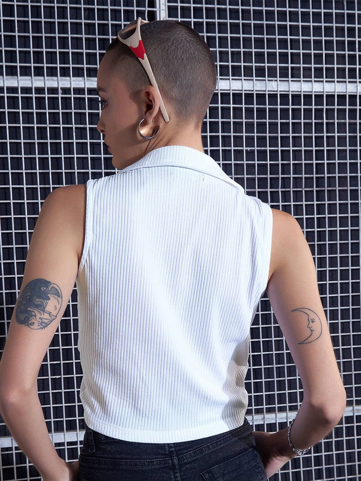 SASSAFRAS White Lace-Up Ribbed Ruched Shirt Style Crop Top