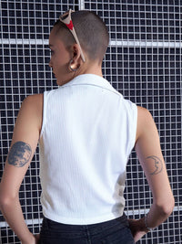 SASSAFRAS White Lace-Up Ribbed Ruched Shirt Style Crop Top