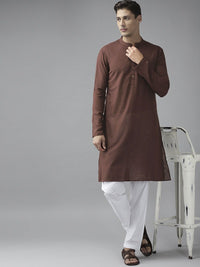 See Designs Men Brown Solid Thread Work Kurta