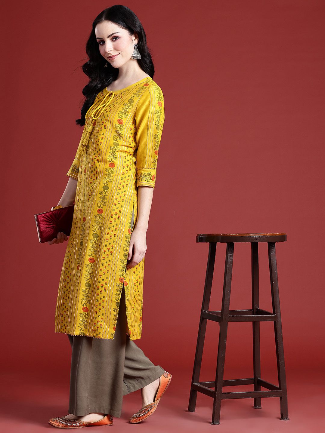 Anouk Floral Printed Tie-Up Neck Calf-Length Straight Kurta