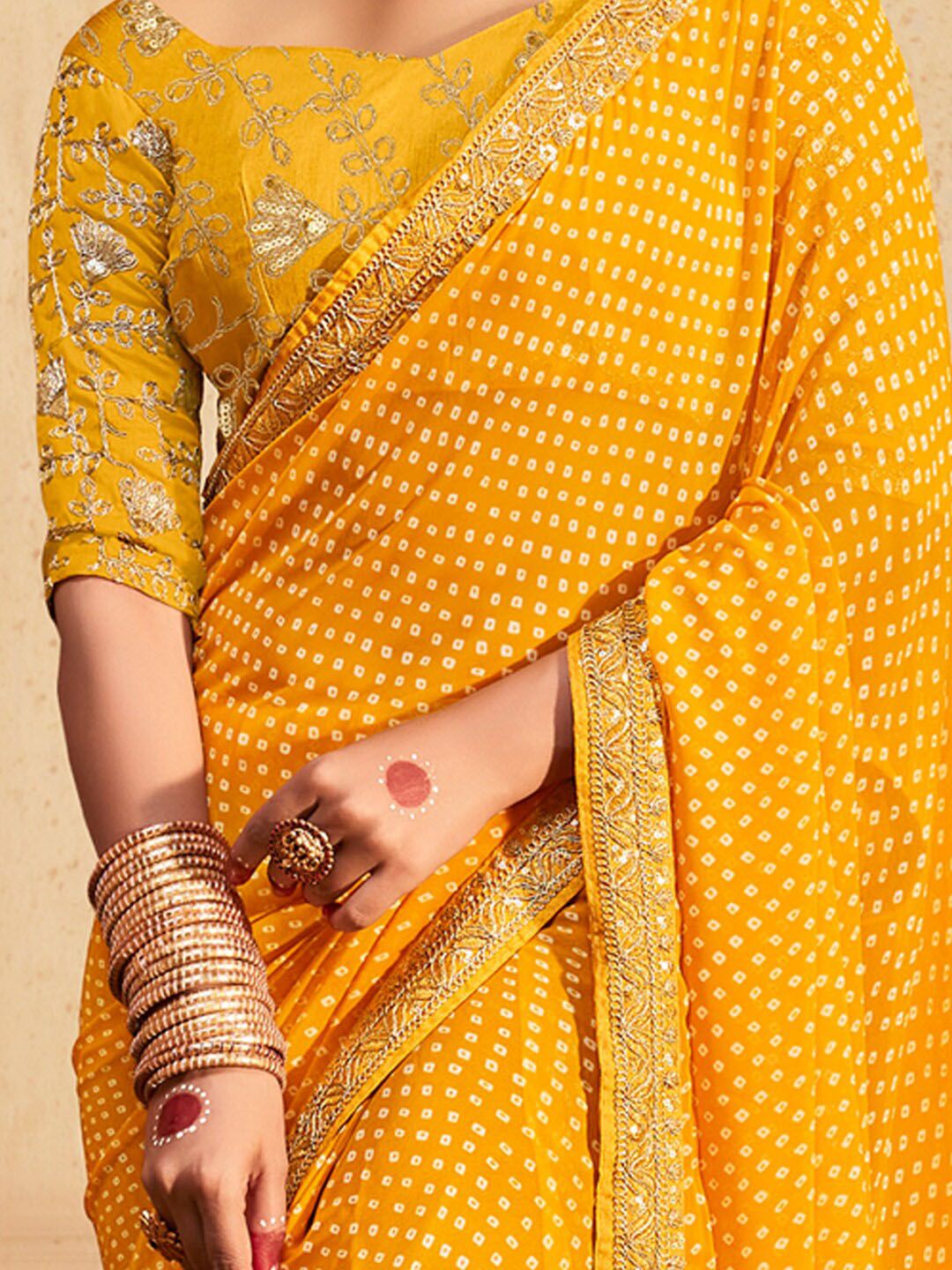 KALINI Printed Sequinned Poly Georgette Bandhani Saree