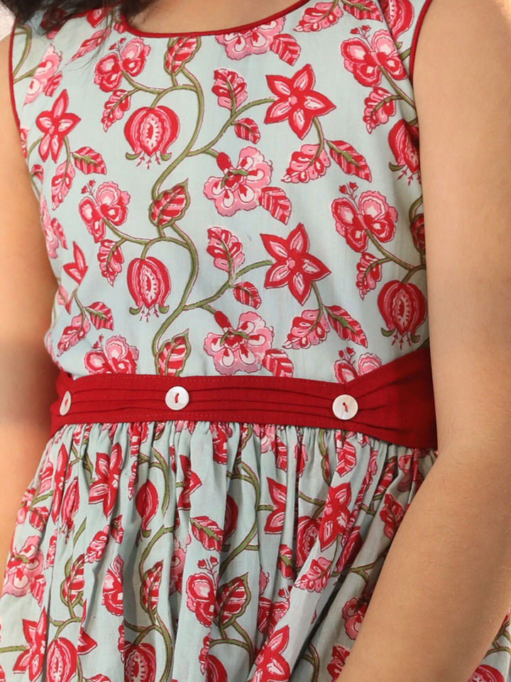VASTRAMAY Girls Floral Printed Sleeveless Cotton Fit & Flare Dress
