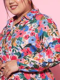 SASSAFRAS Curve Blue & Pink Plus Size Floral Printed Puff Sleeves Belted Shirt Dress