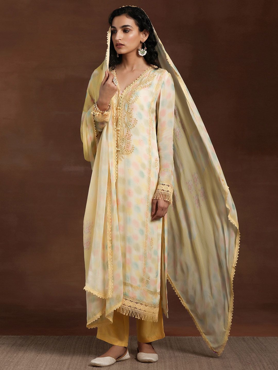 Libas Yellow Floral Printed V-Nek Beads and Stones Straight Kurta with Palazzos & Dupatta
