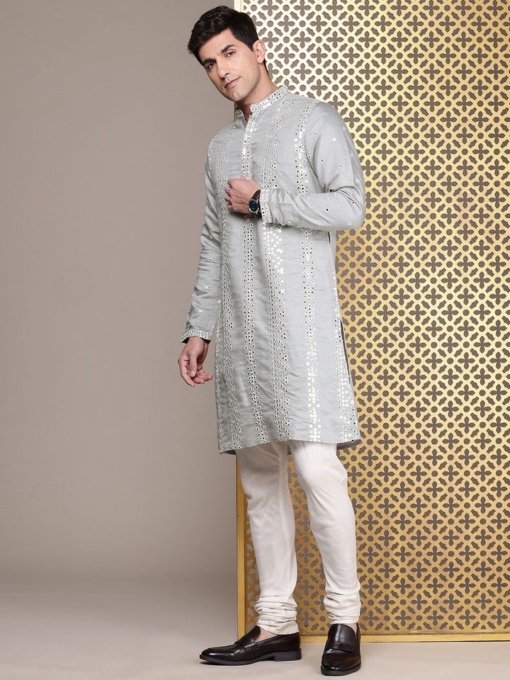House of Pataudi Geometric Embroidered Mandarin Collar Mirror Work Jashn Kurta