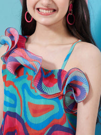 pspeaches Girls Abstract Printed One Shoulder Georgette Fit & Flare Midi Dress