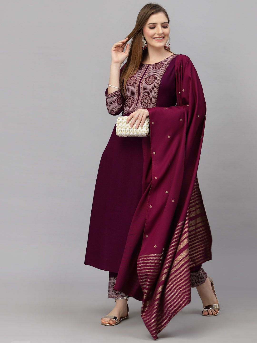 KALINI Yoke Design Embroidered Straight Kurta With Trousers & Dupatta