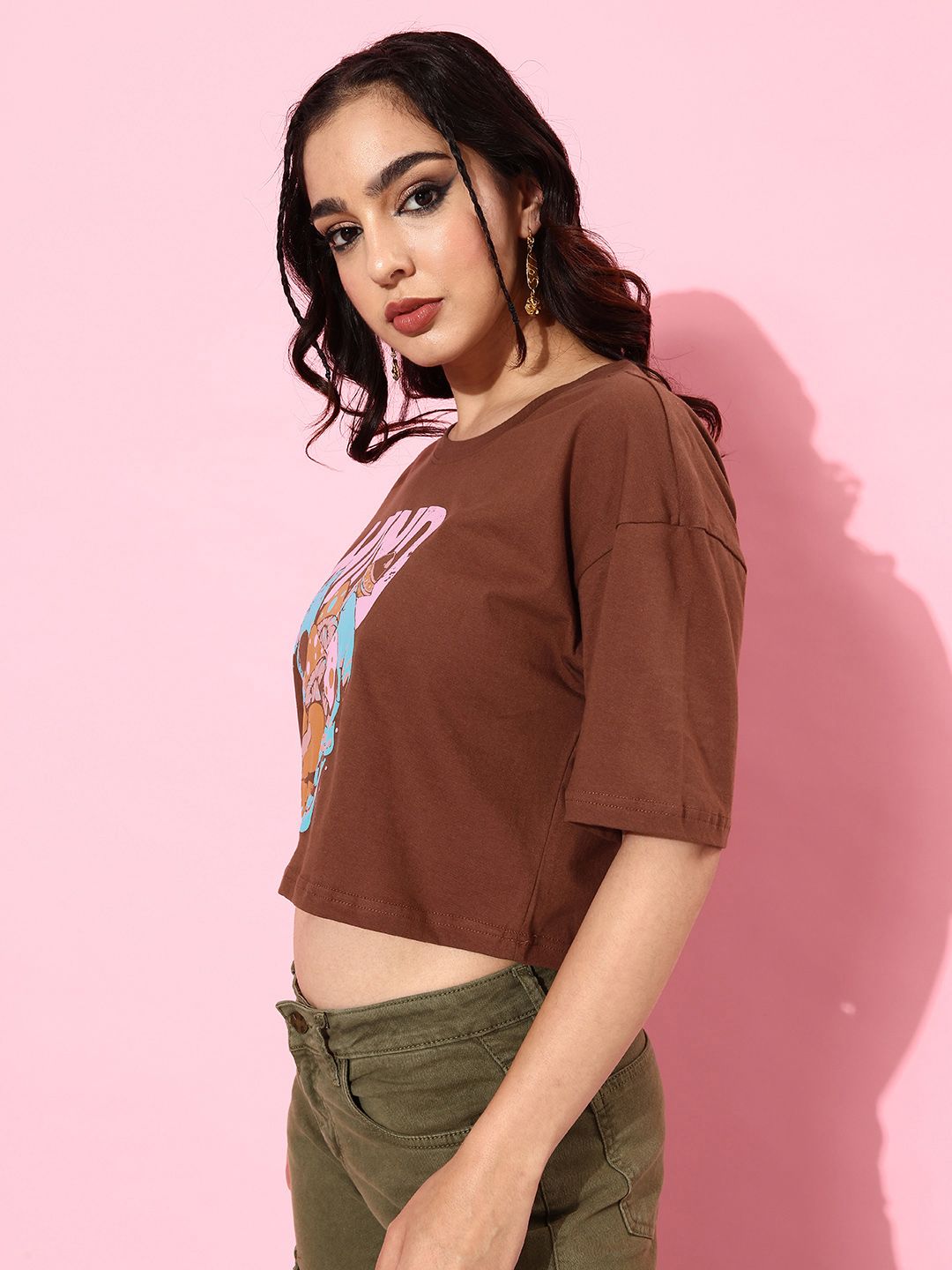 DressBerry Women Printed Drop-Shoulder Pure Cotton Crop T-shirt