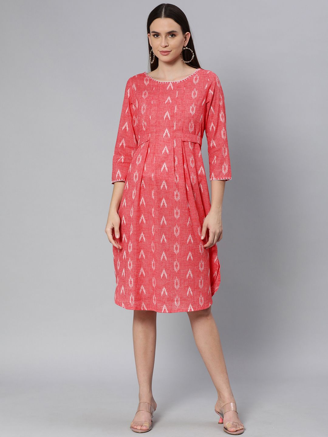 Global Desi Women Red Self-Design A-Line Dress