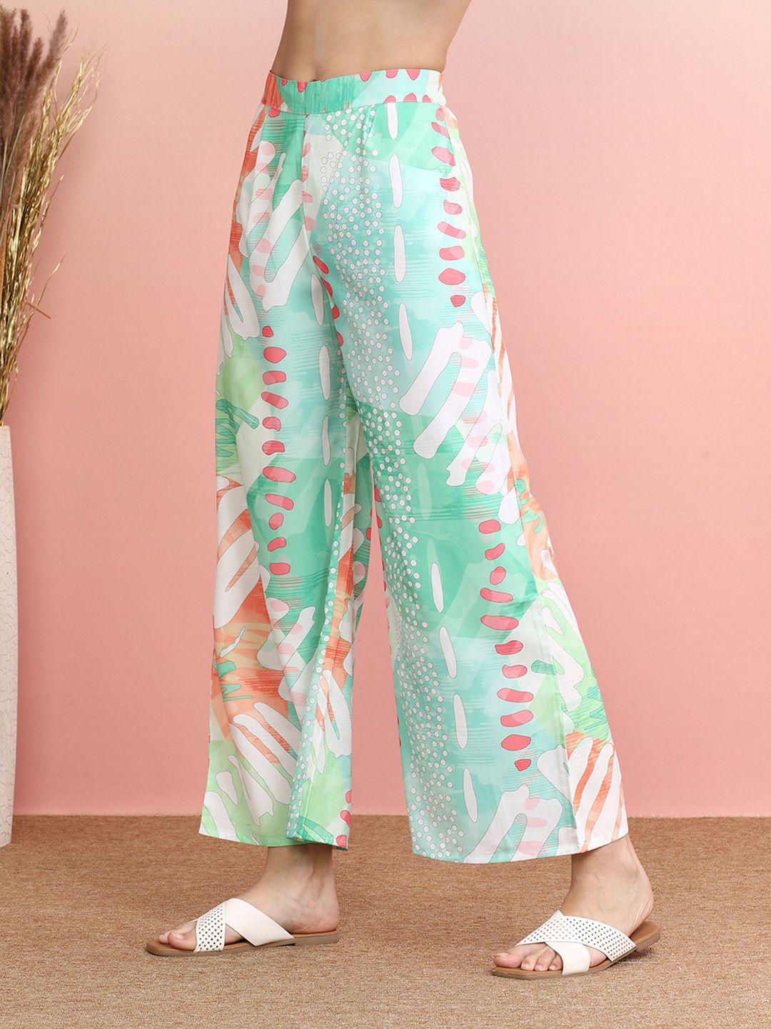 Indo Era Green Abstract Printed Spread Collar Shirt With Palazzos