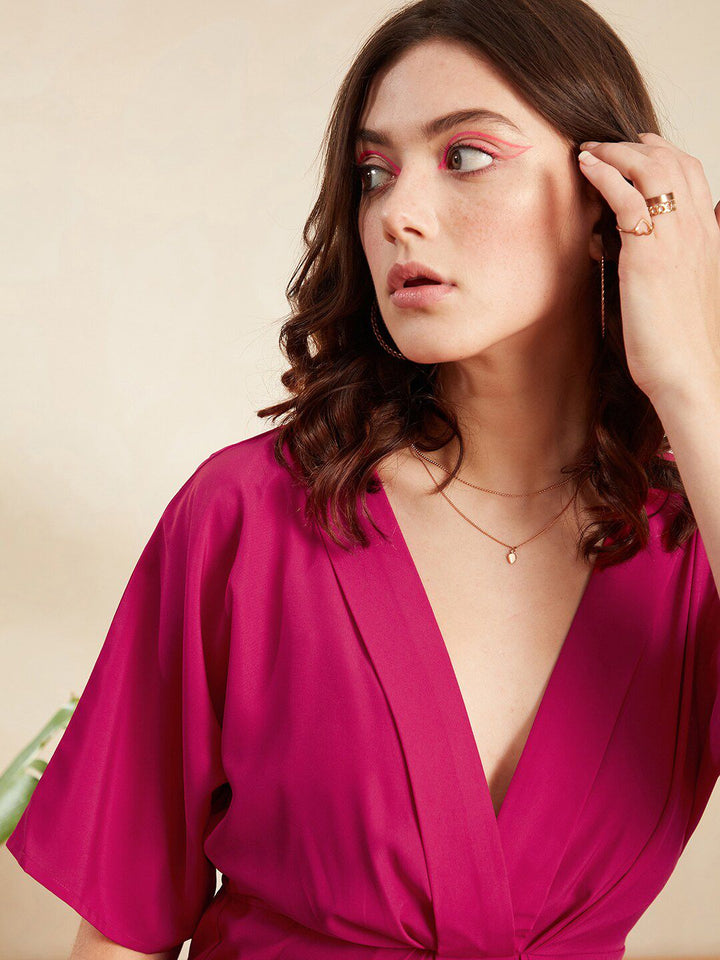 Berrylush Pink V-Neck Flared Sleeves Ruffles A-Line Mini Dress