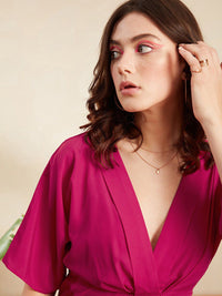 Berrylush Pink V-Neck Flared Sleeves Ruffles A-Line Mini Dress