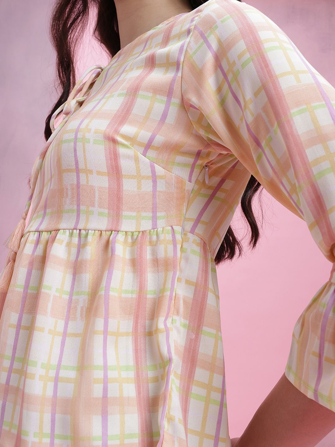 DressBerry Checked Tie-Up Neck Bell Sleeve Top