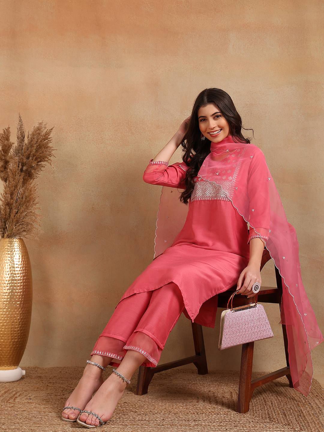 KALINI Ethnic Motifs Embroidered Sequinned Straight Kurta With Trouser & Dupatta