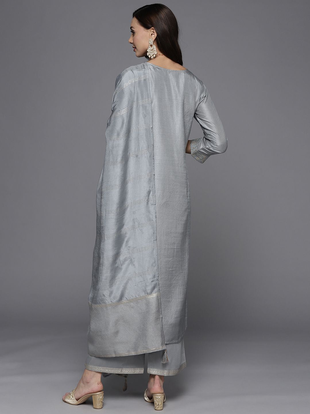 Libas Women Grey & Golden Kurta with Palazzos & Dupatta