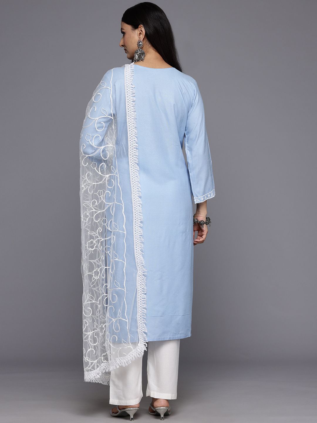 Varanga Floral Embroidered Thread Work Kurta With Trousers & Dupatta