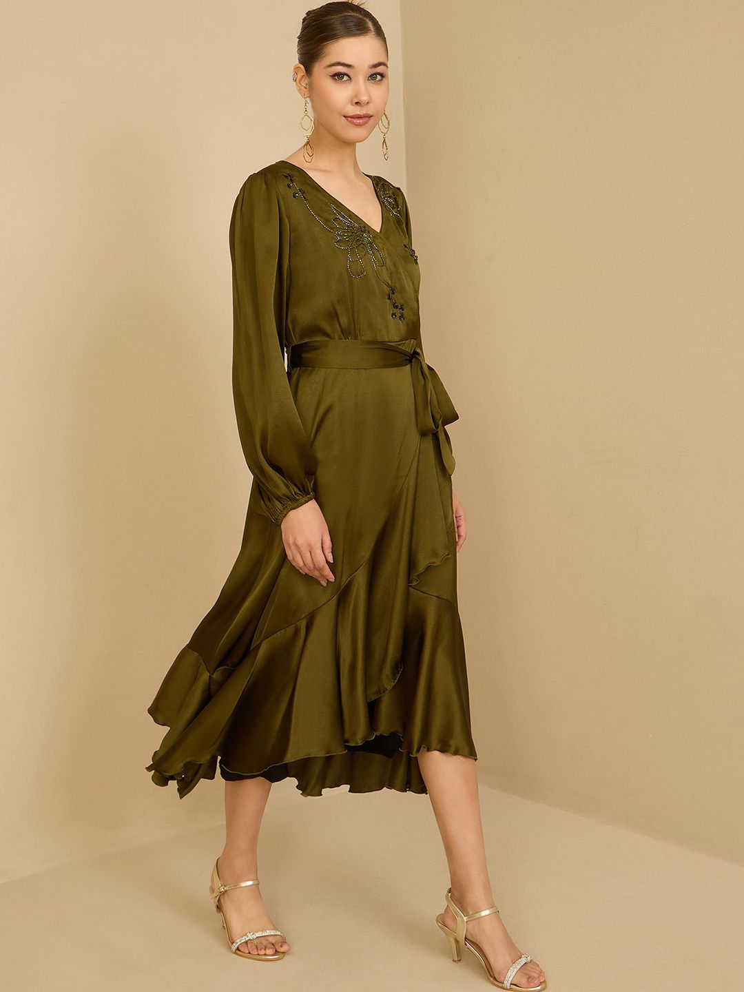Antheaa Puff Sleeve Satin Embellished Wrap Midi Dress