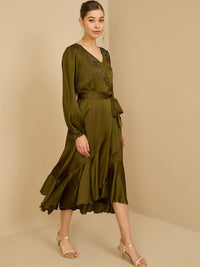 Antheaa Puff Sleeve Satin Embellished Wrap Midi Dress