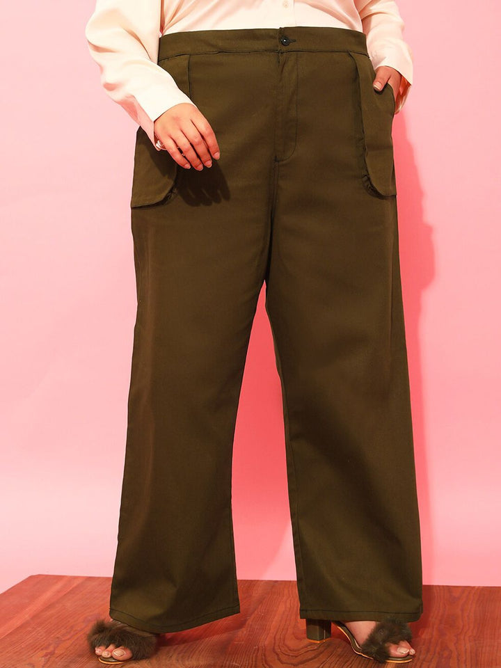 CURVY STREET Women Olive Green Relaxed Straight Leg Loose Fit Trousers