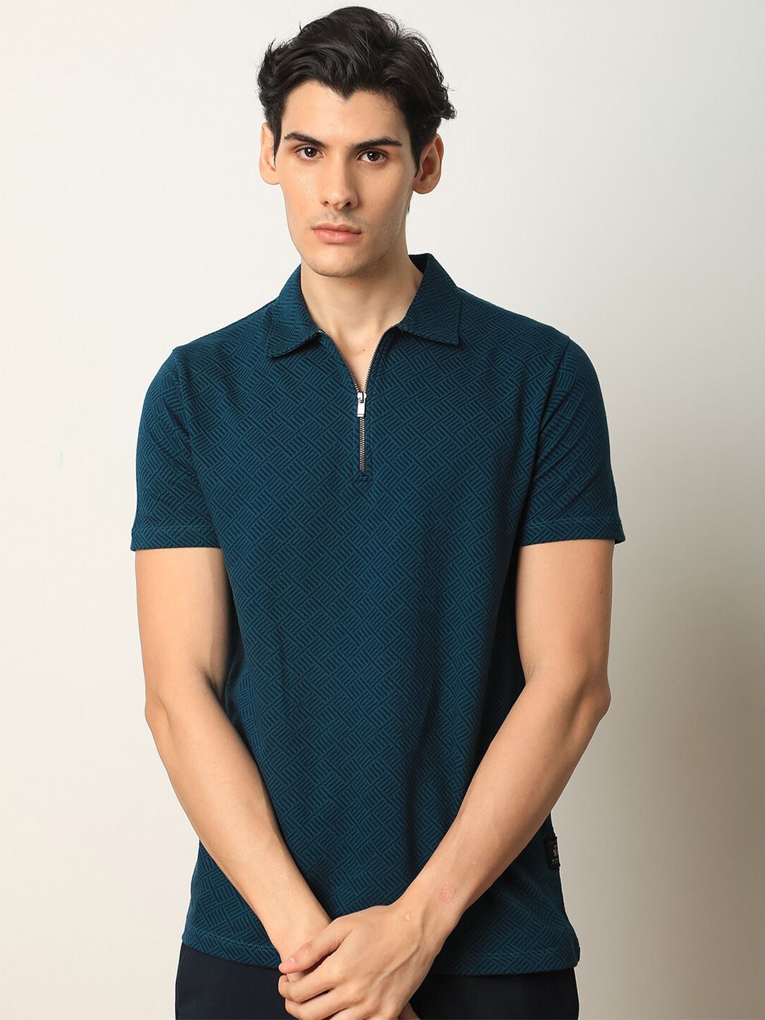 RARE RABBIT Men Cabetta Geometric Printed Polo Collar Cotton Slim Fit T-Shirt