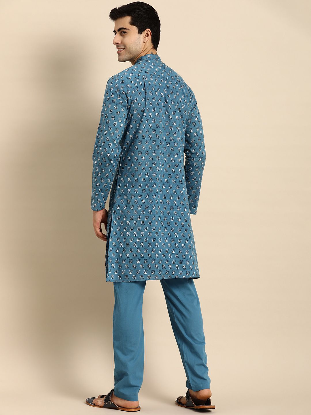 Anouk Men Blue Printed Pure Cotton Kurta with Trousers