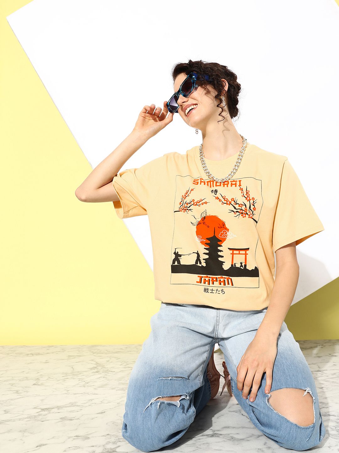 DILLINGER Beige & Black Printed Oversized Pure Cotton Longline T-shirt