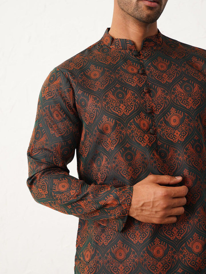Jompers Ethnic Motifs Printed Mandarin Collar Silk & Cotton Straight Kurta