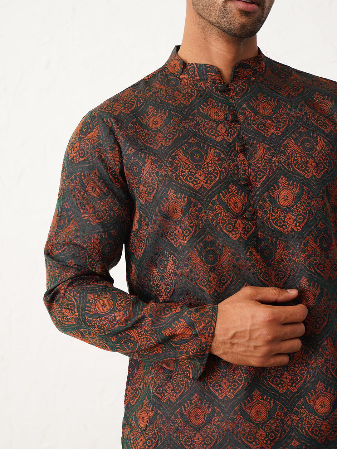 Jompers Ethnic Motifs Printed Mandarin Collar Silk & Cotton Straight Kurta
