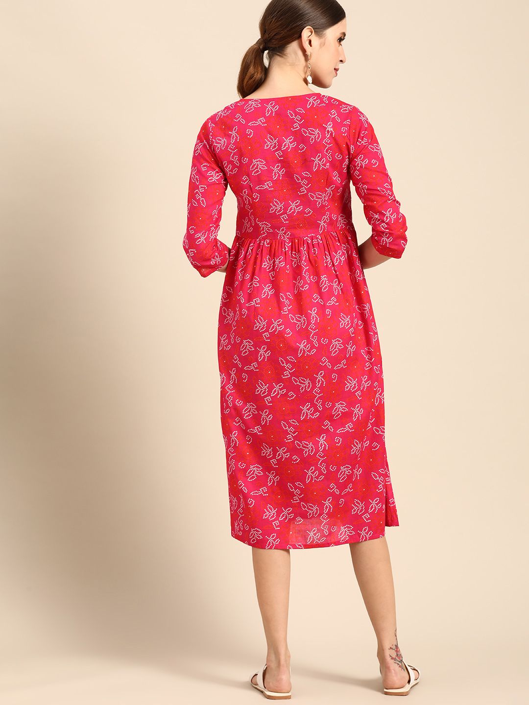 Anouk Women Pink & White Ethnic Motifs Print Pure Cotton A-Line Midi Dress