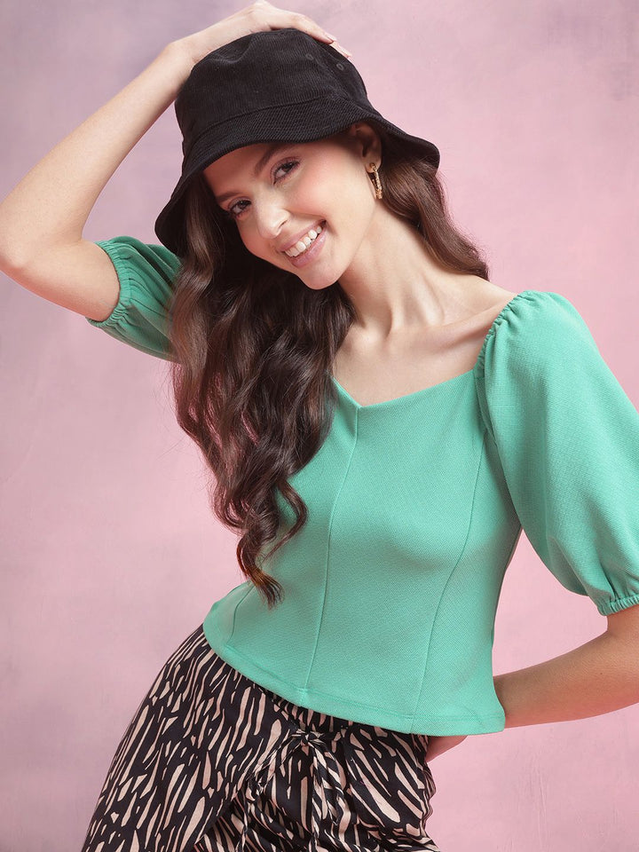 DressBerry Sweetheart Neck Puff Sleeve Textured Paneled Top