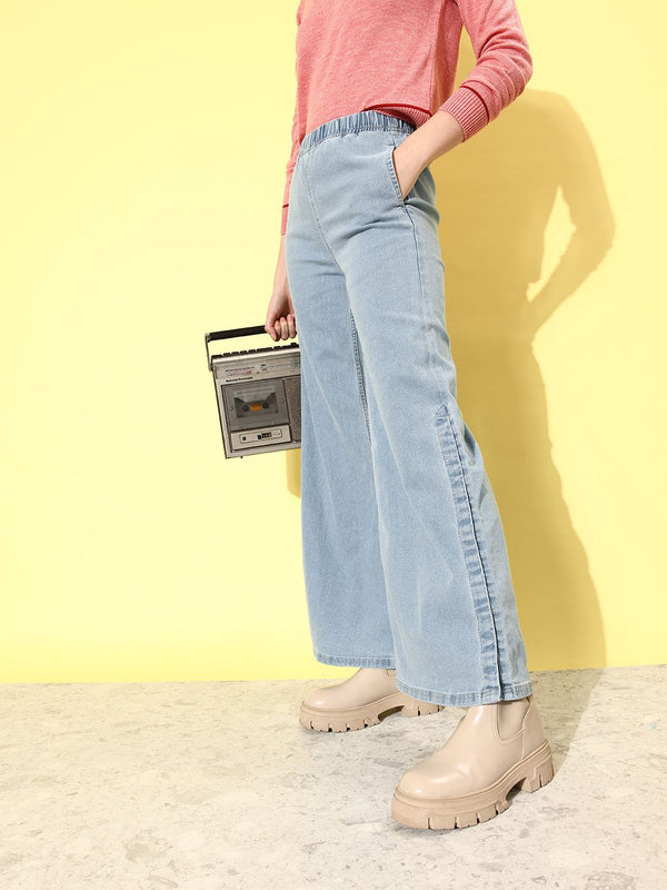 DressBerry Women Sky Blue We May Party Wide Leg Light Fade Stretchable Jeans