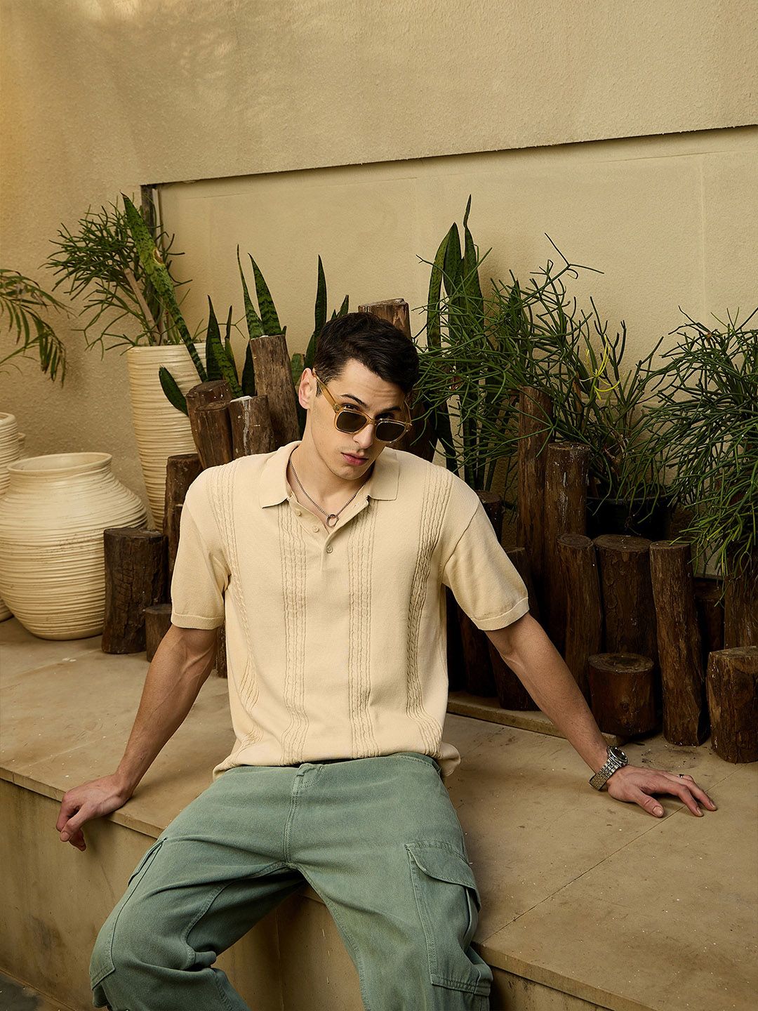 DENNISON Men Oversized Polo Collar Knitted T-Shirt