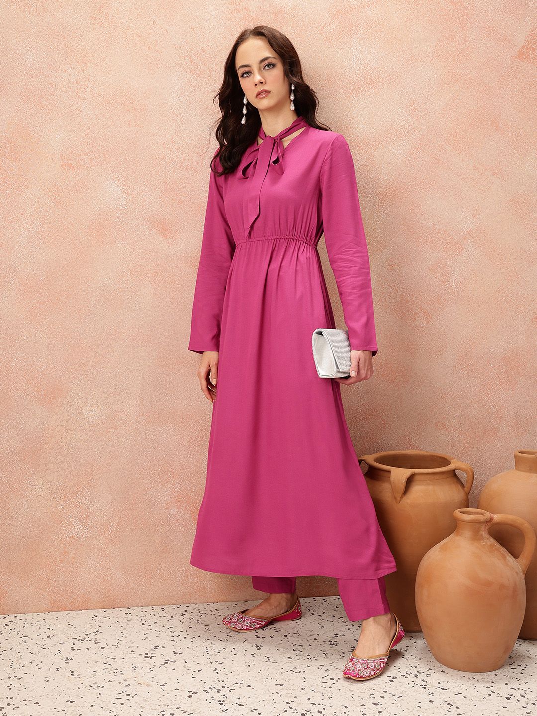 all about you Tie-Up Neck Empire-Style A-Line Kurta with Trousers