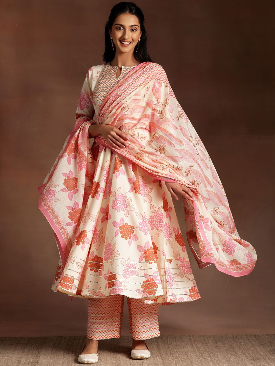 Libas Floral Printed Pleated Gotta Patti Pure Cotton Kurta with Palazzo & Dupatta