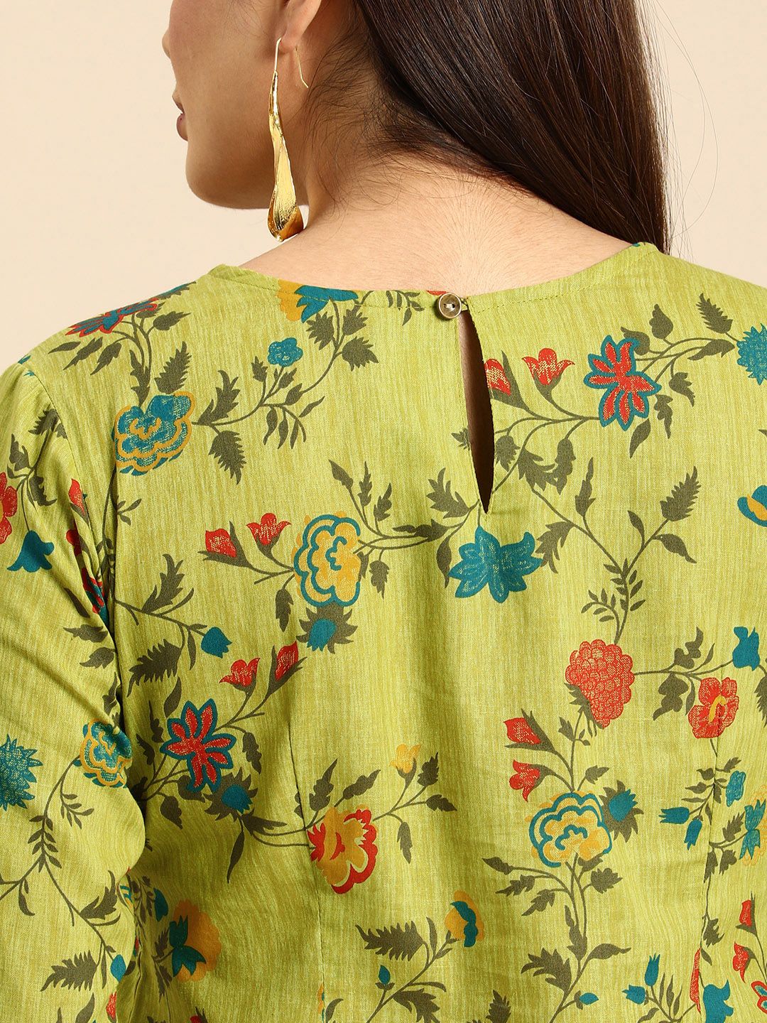 Anouk Women Green & Red Floral Printed Pure Cotton Kurta