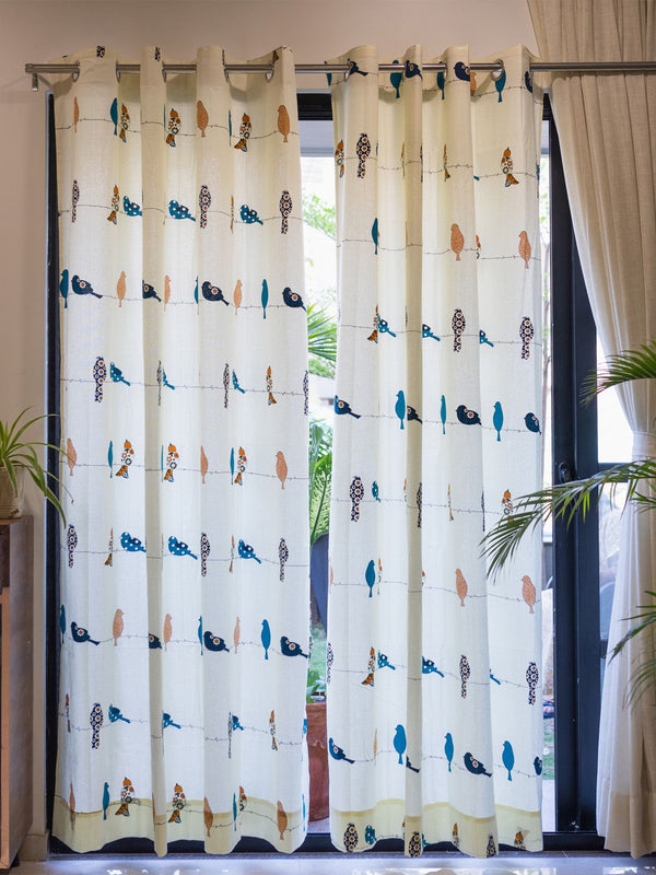 URBAN SPACE White & Blue Set of 2 Window Curtains