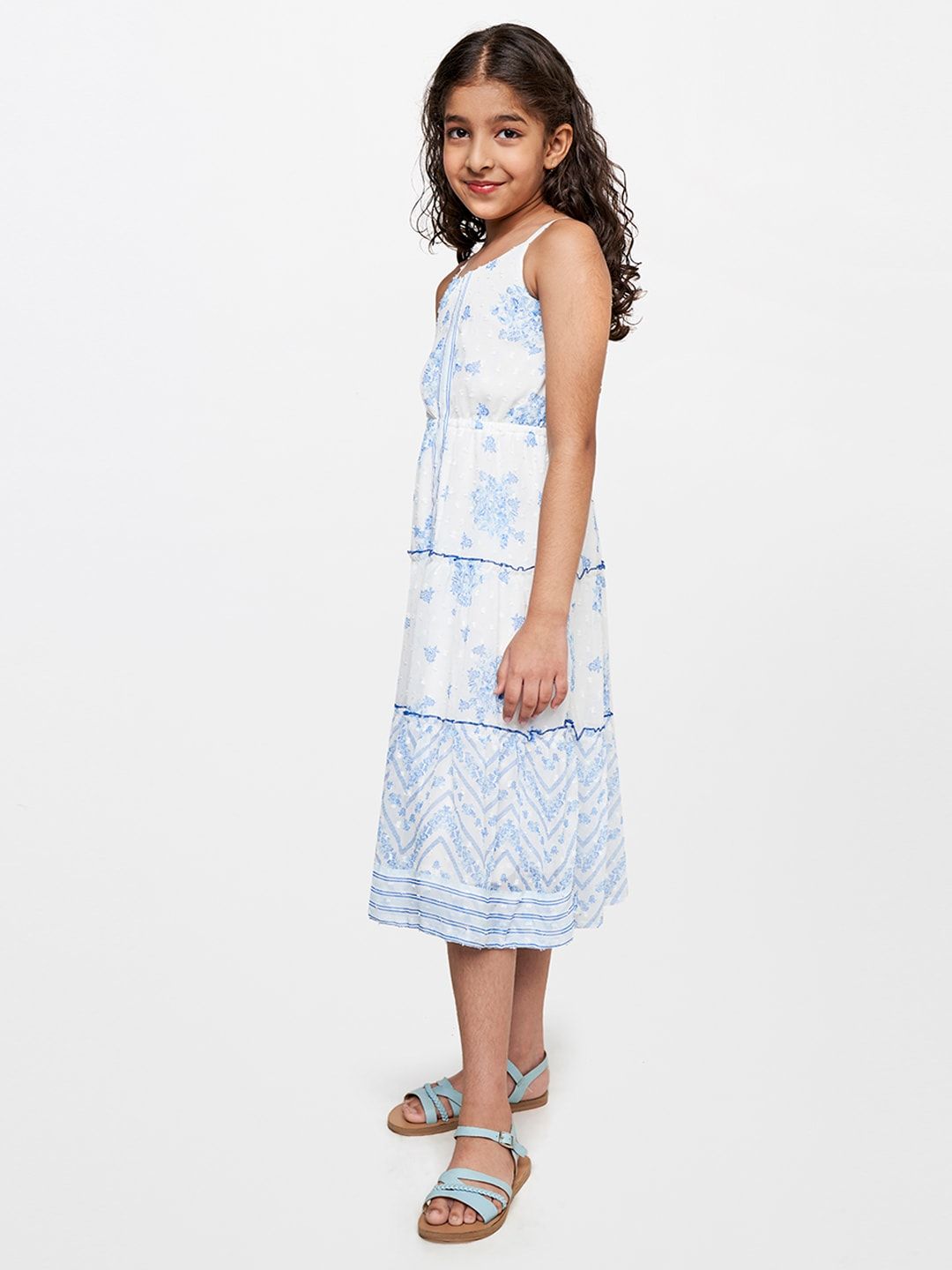 Global Desi White Floral A-Line Midi Dress