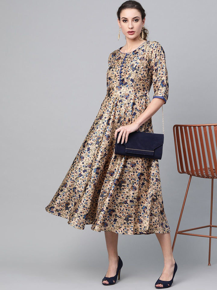 Gerua By Libas Women Beige  Blue Printed A-Line Dress