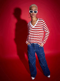 SASSAFRAS Red Striped V-Neck Long Sleeves Pure Cotton Pullover Sweatshirt