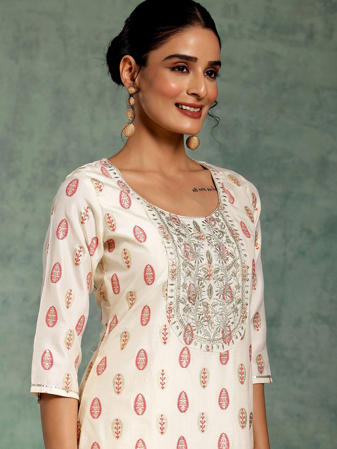 Libas White Floral Printed Thread Work Straight Kurta With Palazzos & Dupatta