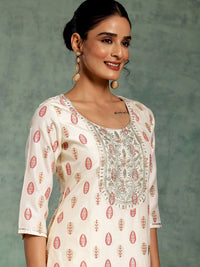 Libas White Floral Printed Thread Work Straight Kurta With Palazzos & Dupatta