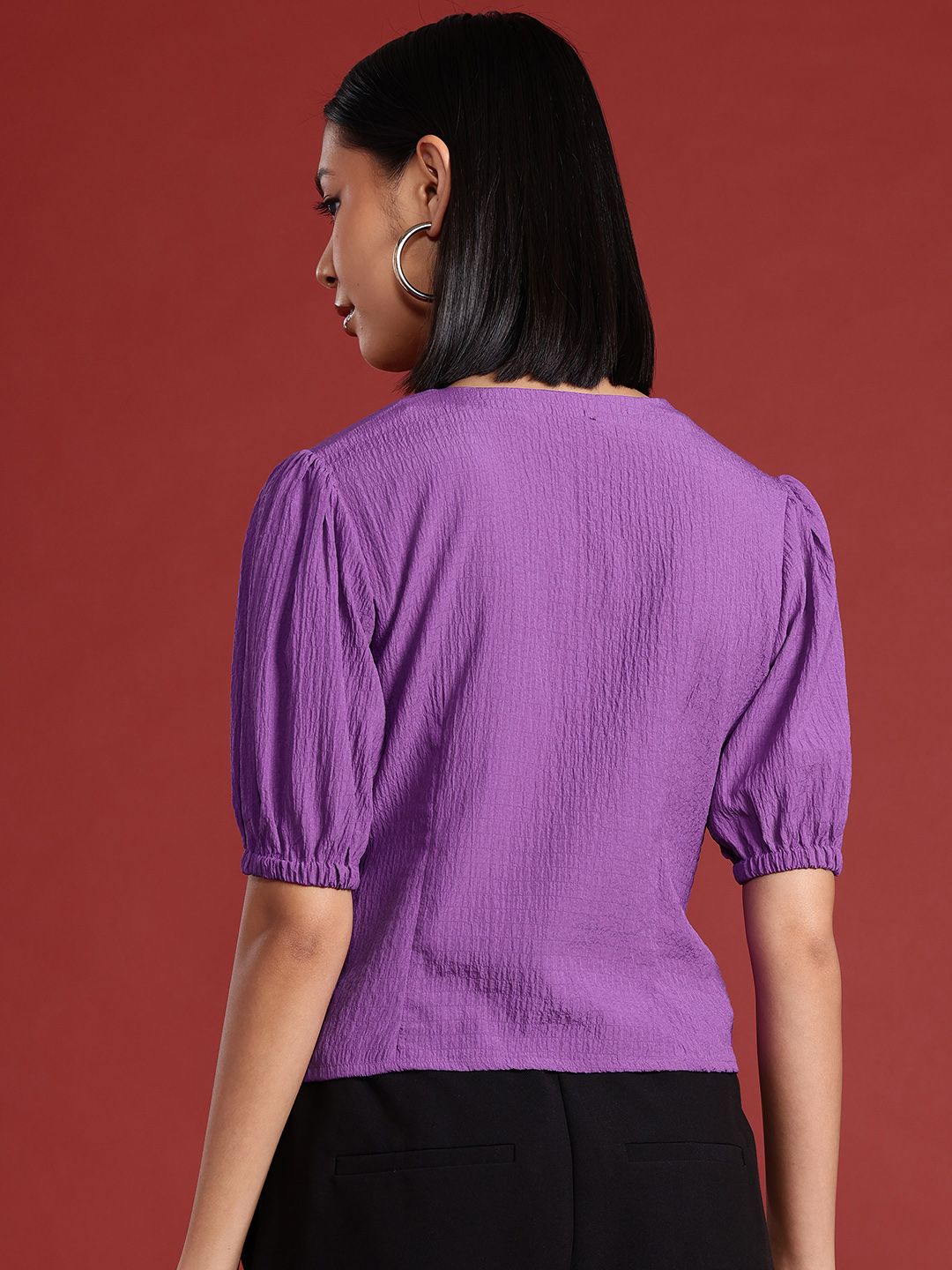 all about you Puff Sleeves Textured Twisted Top