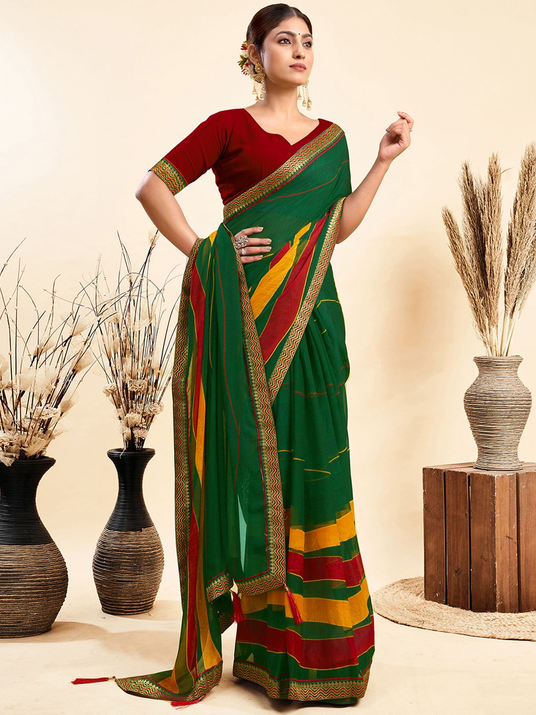 KALINI Striped Printed Pure Chiffon Saree