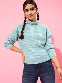 STREET 9 Women Turquoise Blue Striped Sweater