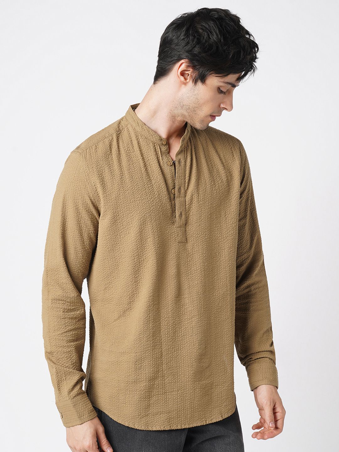 VASTRADO Band Collar Seersucker Cotton Kurta