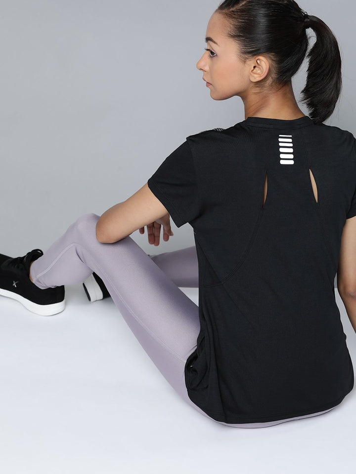 HRX By Hrithik Roshan Women Jet Black Printed Rapid-Dry Antimicrobial Running Tshirt