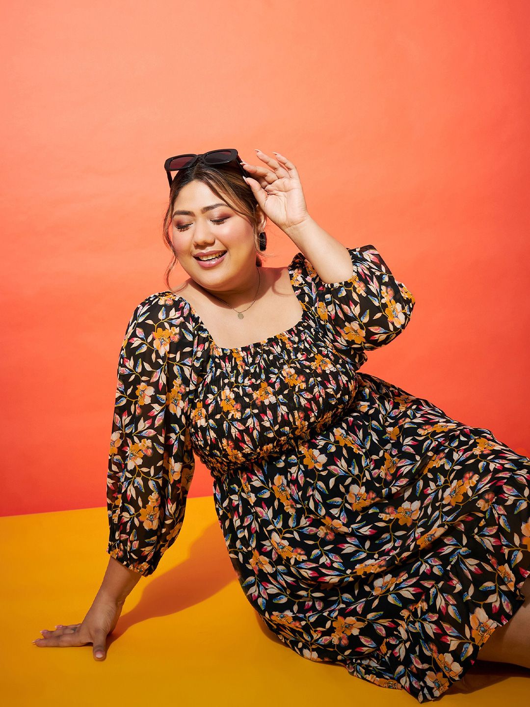 SASSAFRAS Curve Plus Size Black Floral Printed Smocked Georgette Fit & Flare Dress