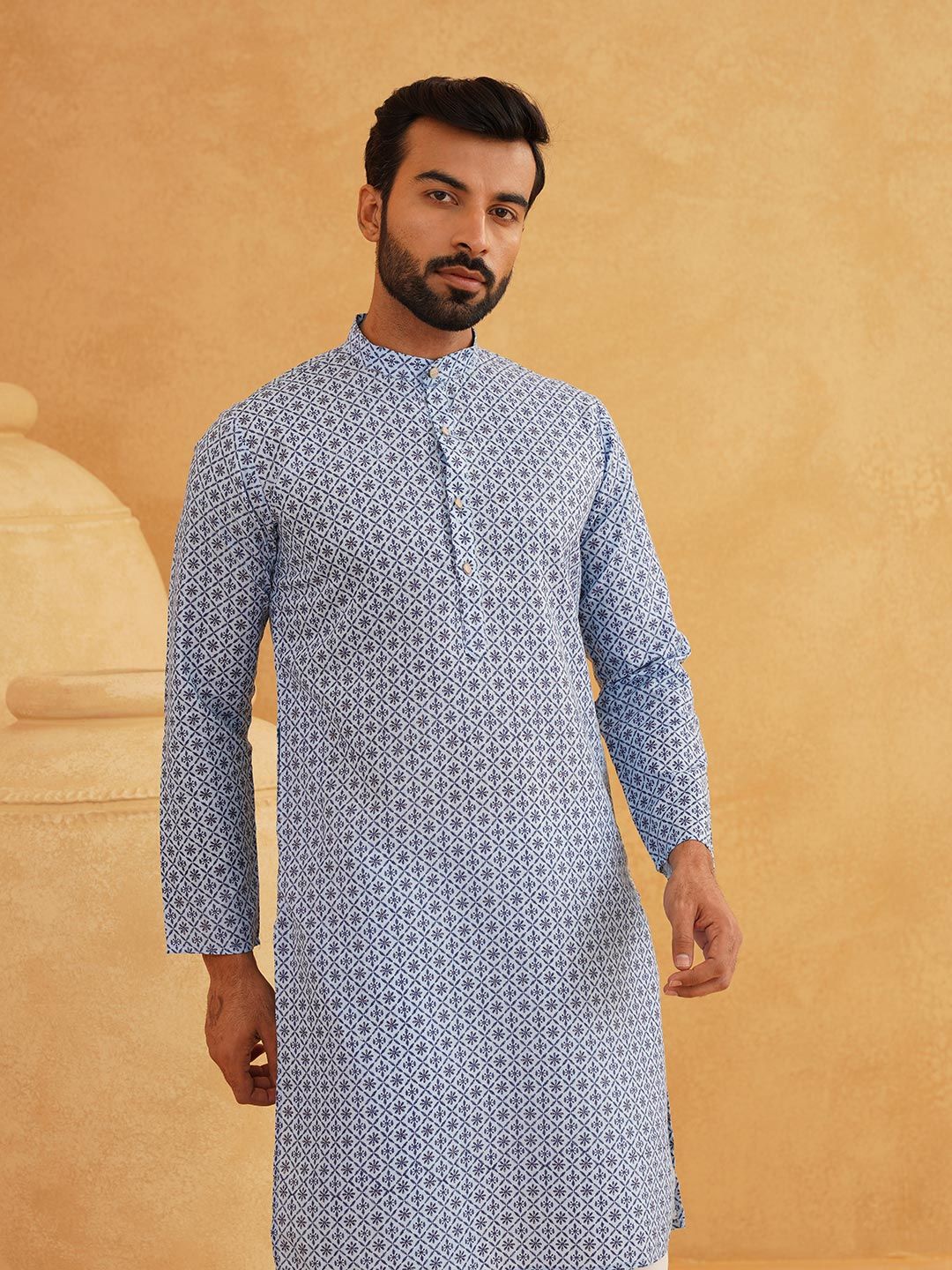 SOJANYA Men Geometric Printed Cotton Linen Kurta